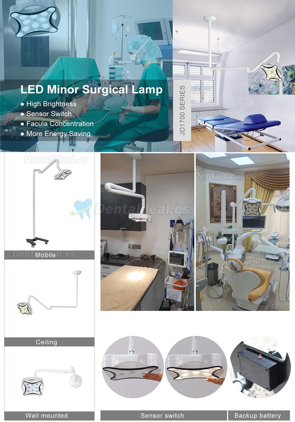JD1700G Lámpara quirúrgica montada en pared lámpara de operación LED con luz para cirugía veterinaria Dental